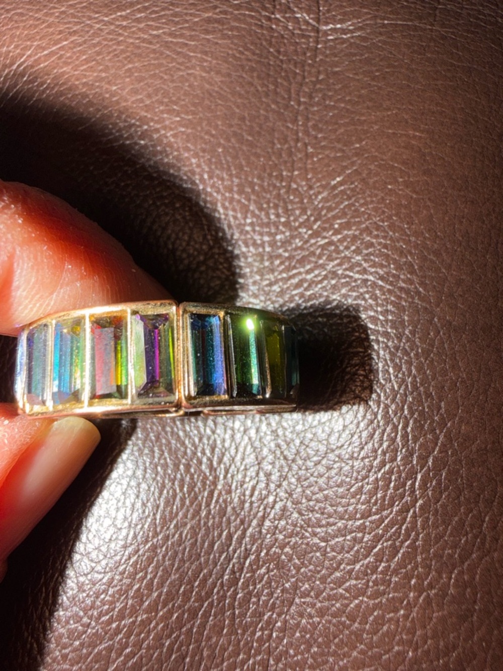 Gold-Frame Rainbow Baguette Crystal Stretch Ring NWOT Never Worn